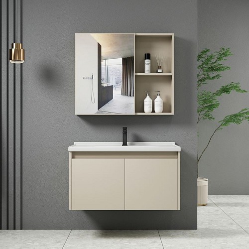 Woodwell IDEA-1 Set Έπιπλο Μπάνιου Cream, Καθρέπτης + Πάγκος με Νιπτήρα και Μπαταρία Ε-00025547 ΕΝ100,2